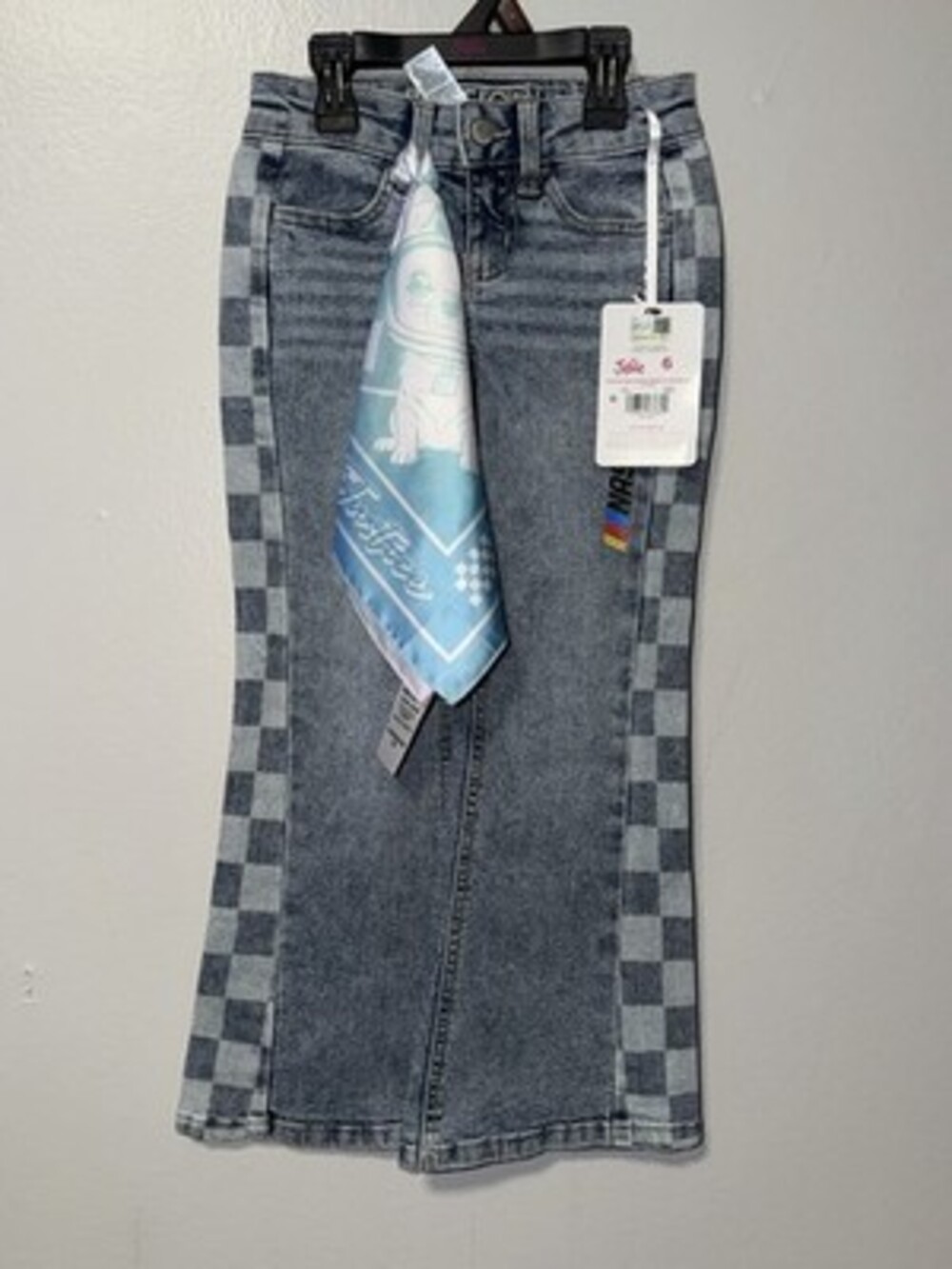 Justice NASCAR Check Flared Denim Jeans Bandana Girls Size 6 Blue